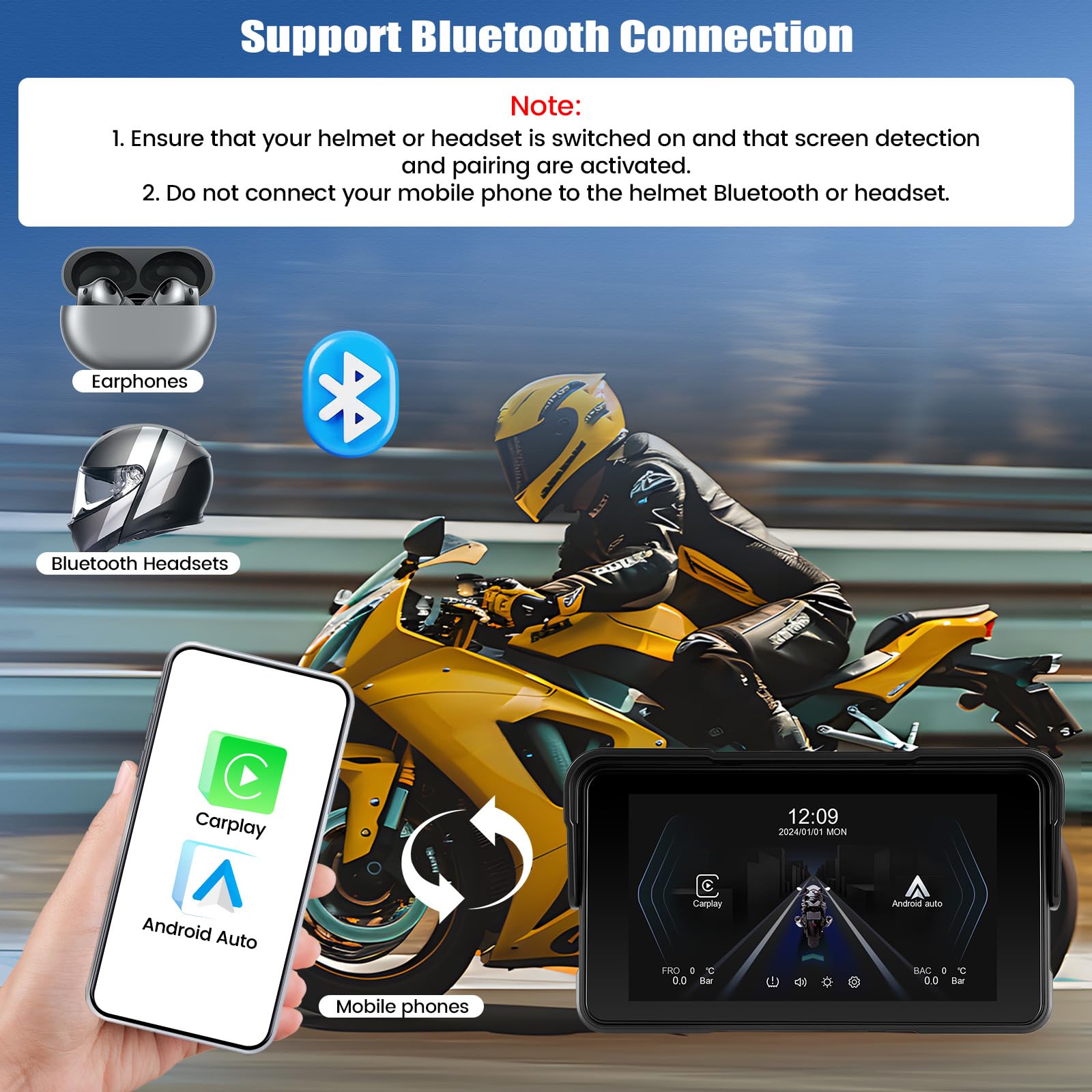 [2026 NUOVO] CAMECHO Wireless Carplay Moto Schermo, IP68 Touchscreen da 5 pollici Navigatore GPS Auto con Portatile Senza Fili CarPlay & Android Auto Impermeabile Touchscreen Bluetooth