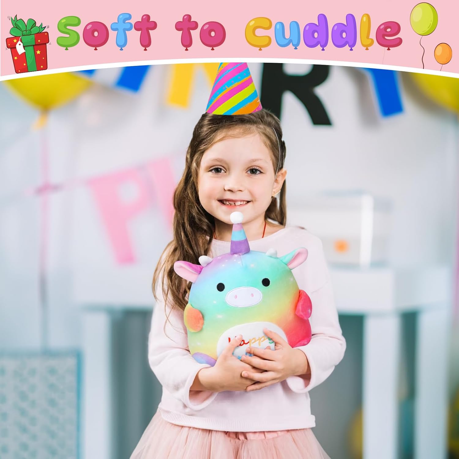 Cow Stuffed Animal, 10inch Happy Birthday Cow Plush with Unicorn Hat Cute Cow Plushie Soft Plush Pillow, Kawaii Birthday Gift for Kids Girls Boys Adults