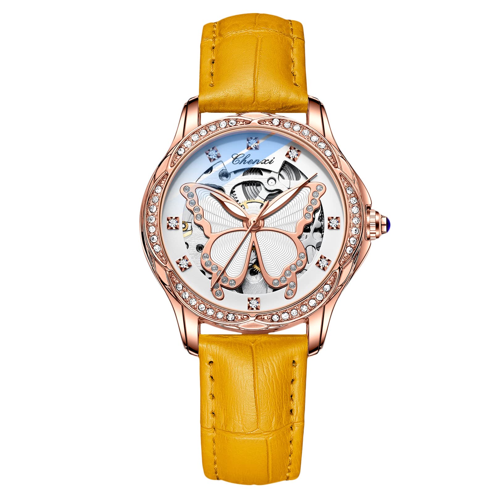 RORIOS 腕時計 レディース 人気 自動巻き 機械式 ウォッチ 手巻き付き おしゃれ 夜光 防水 アナログ腕時計 多機能 人工ダイヤモンド キラキラ 通学 通勤 本革バ : RORIOS watch 腕時計 人気 時計 レディース おしゃれ 革 機械式 自動巻き 夜光 クローバー スケルトン  ホロー ビジネスウォッチ スケルトンブラックB : ファッション