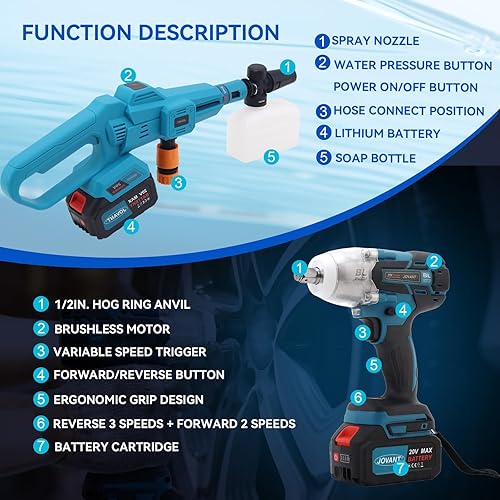 Miniatura 6 de Lavadora a presión inalámbrica y llave de impacto eléctrica de 1000 Nm con batería y cargador, controlador eléctrico para automóvil, hogar, proyecto