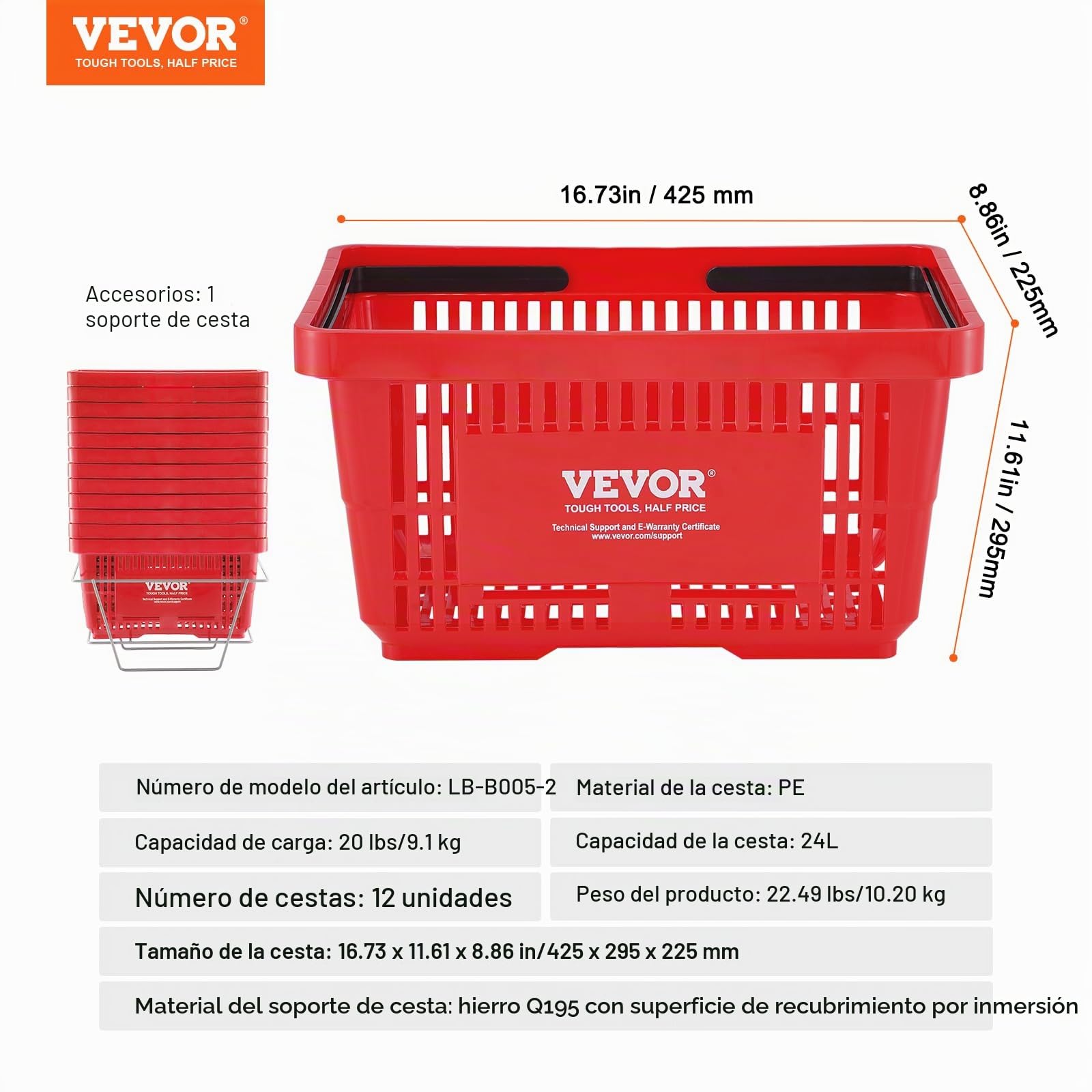 VEVOR Cesta Roja de la Compra con Asas y Soporte, 12 Piezas, 24 L, Cesta Portátil de la Compra de Plástico Duradero de 425 x 295 x 225 mm, para la Compra de Comestibles en el Supermercado, Tienda