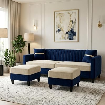 4 Seater Velvet Fabric Sofa Set with 2 Ottomans (Dark Blue - Cream) | Soft Touch Upholstery | Plush Comfort Cushions | Spacious & Comfortable Seating | Modern Sofa Set for Living Room
