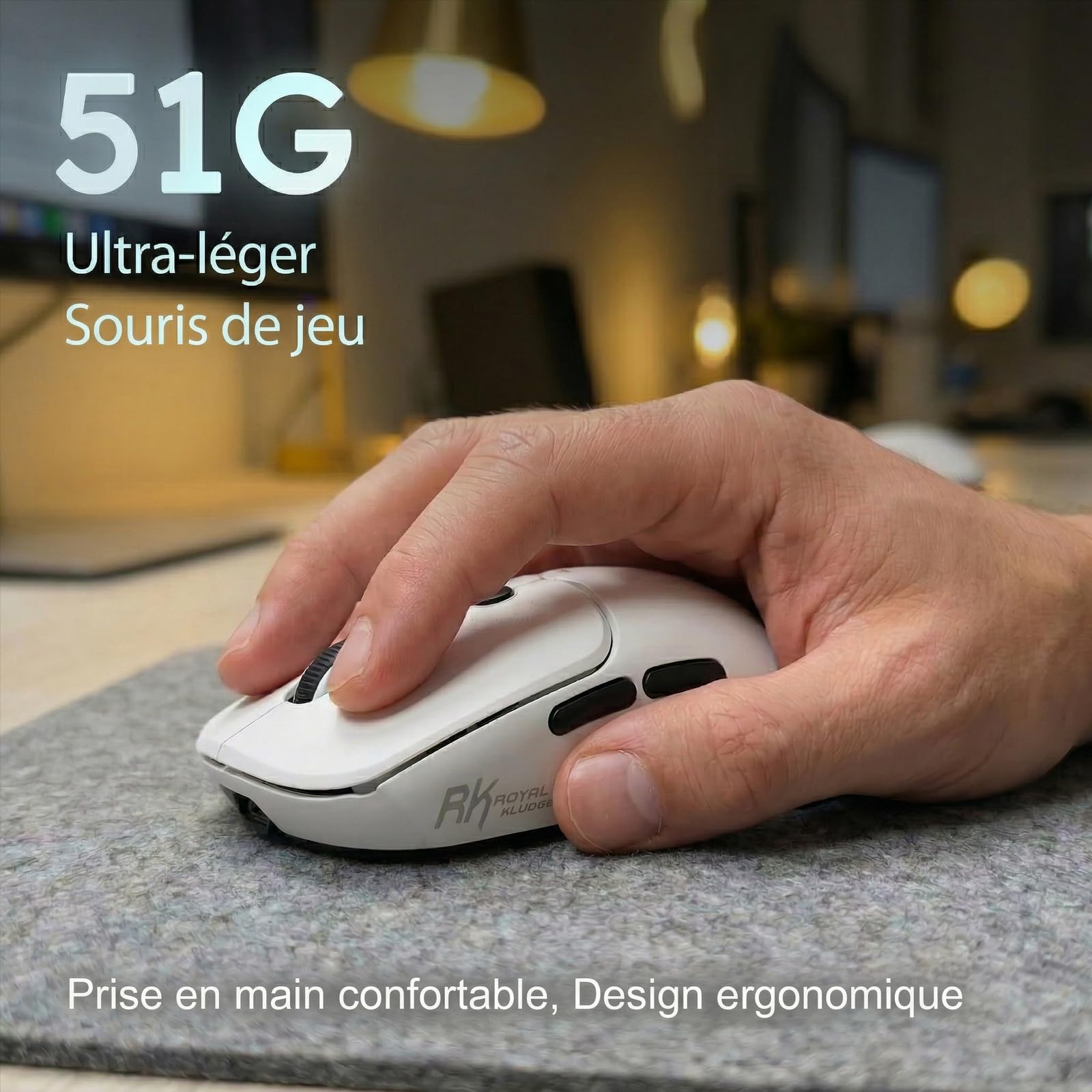 RK ROYAL KLUDGE MO1 Souris Gamer, Ultra-Légère 51g, 6 Boutons Programmables, Connexion 2.4GHz/Bluetooth/Filaire, Capteur Optique 6000 DPI, Blanc