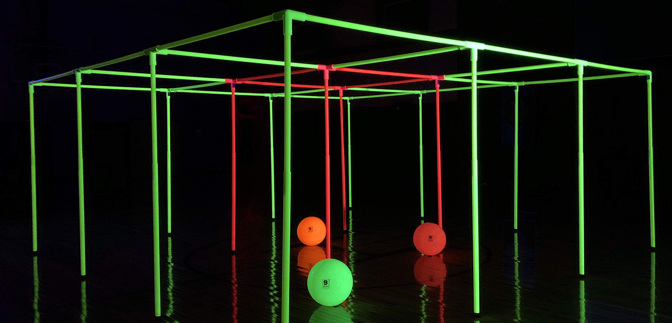 9 Square in The Air—Neon Game Set. Original & Best. Glows Under Blacklight! Height Adjustable, Portable & Waterproof. Great for All Ages & Skill Levels. Indoor use only.