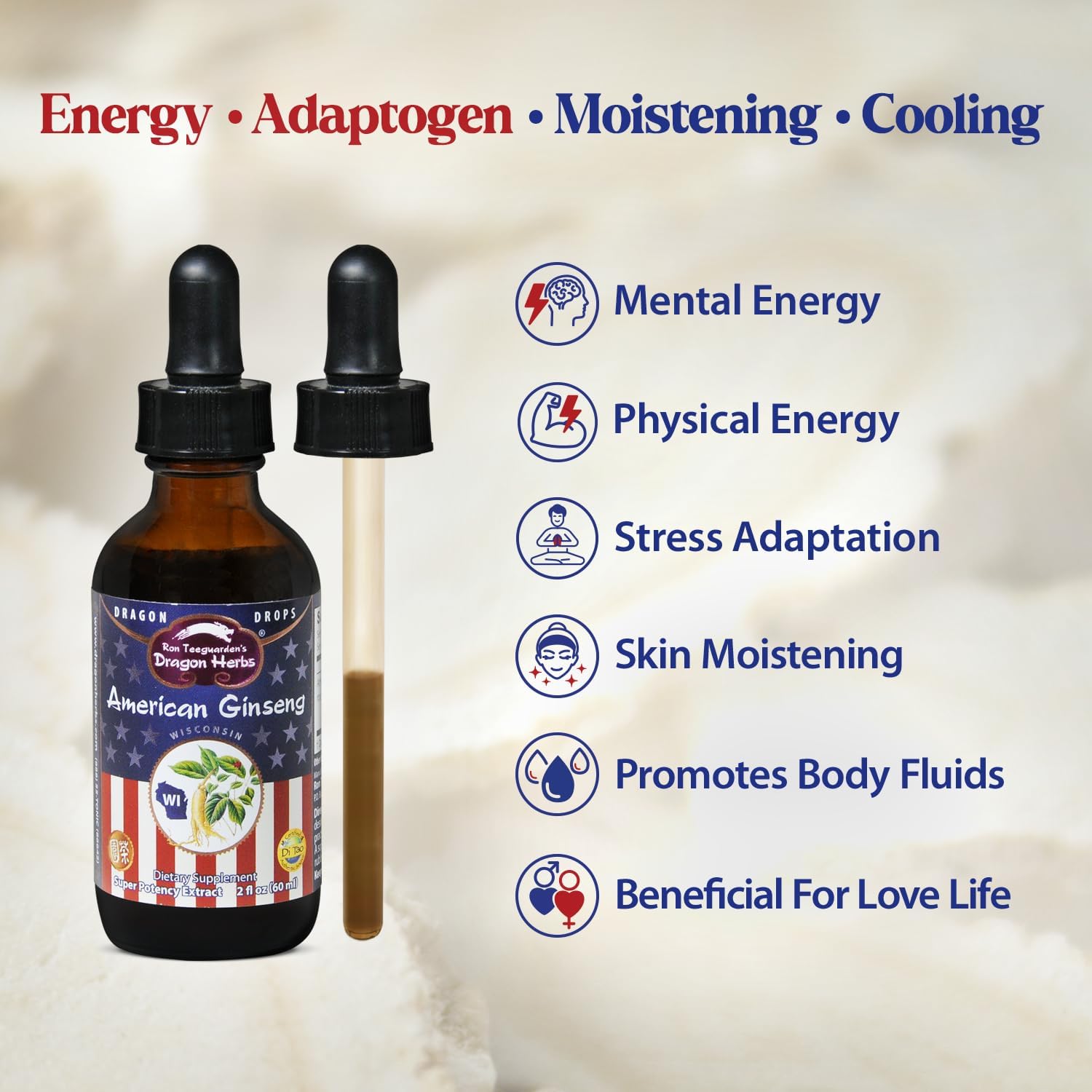 Dragon Herbs American Ginseng Drops • Liquid Dietary Supplement • Authentic Wisconsin Mature 6 Yr Root Extract, Skin & Lung Tonic • Adaptogen, Mental & Physical Performance • Cooling • 2 fl oz, 60 ml