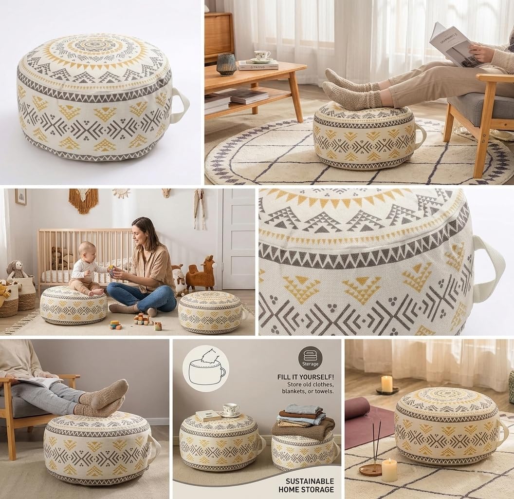 MOCOFO Kolorowy geometryczny okrągły pokrowiec otomana w stylu boho niewyściełana z uchwytem, dekoracyjny podnóżek do salonu sypialni patio (zielony, 45 x 45 x 20 cm)