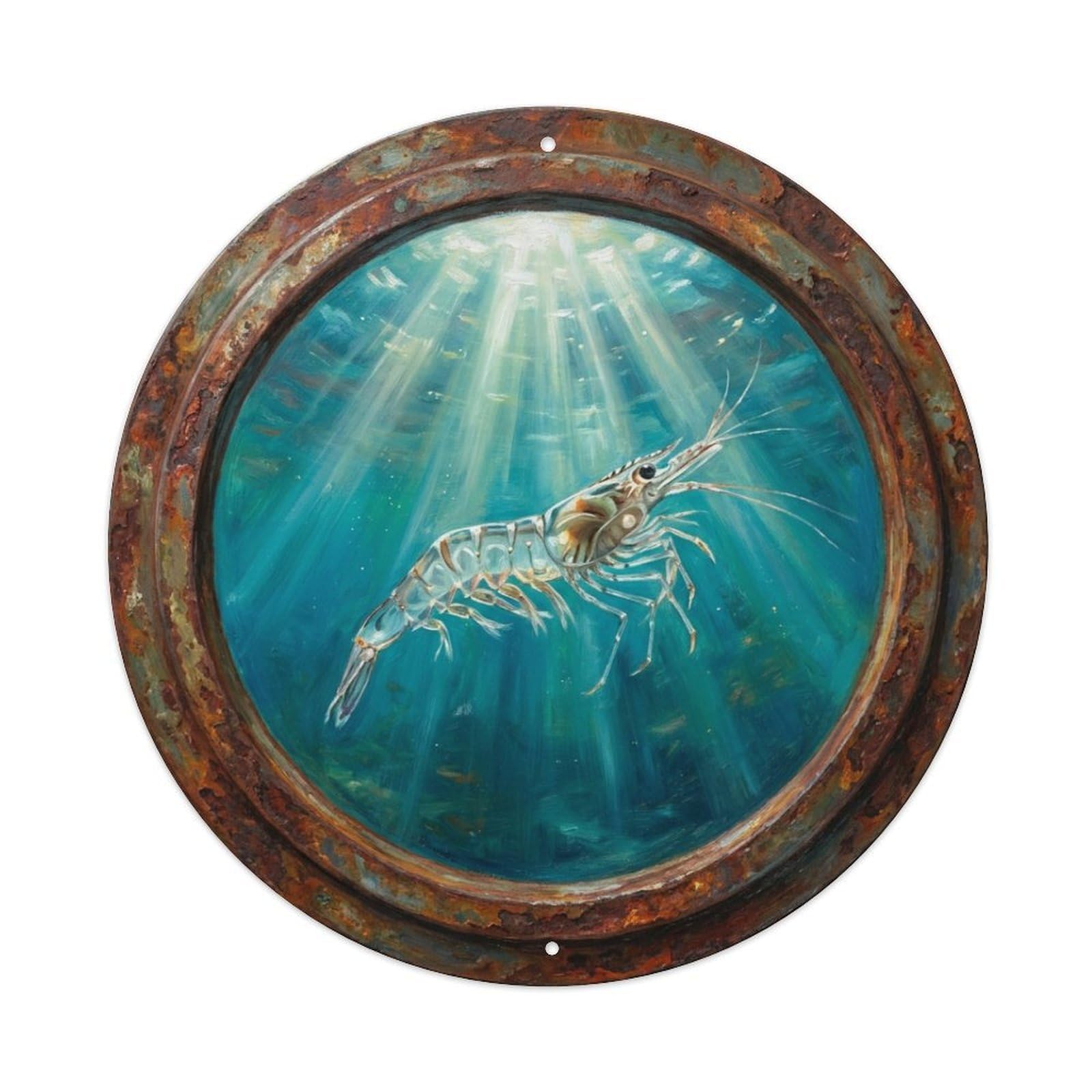 Fyrn Style Metal Tin Sign Vintage Porthole Shrimp Transparent Ship Window Undersea Deep Sea