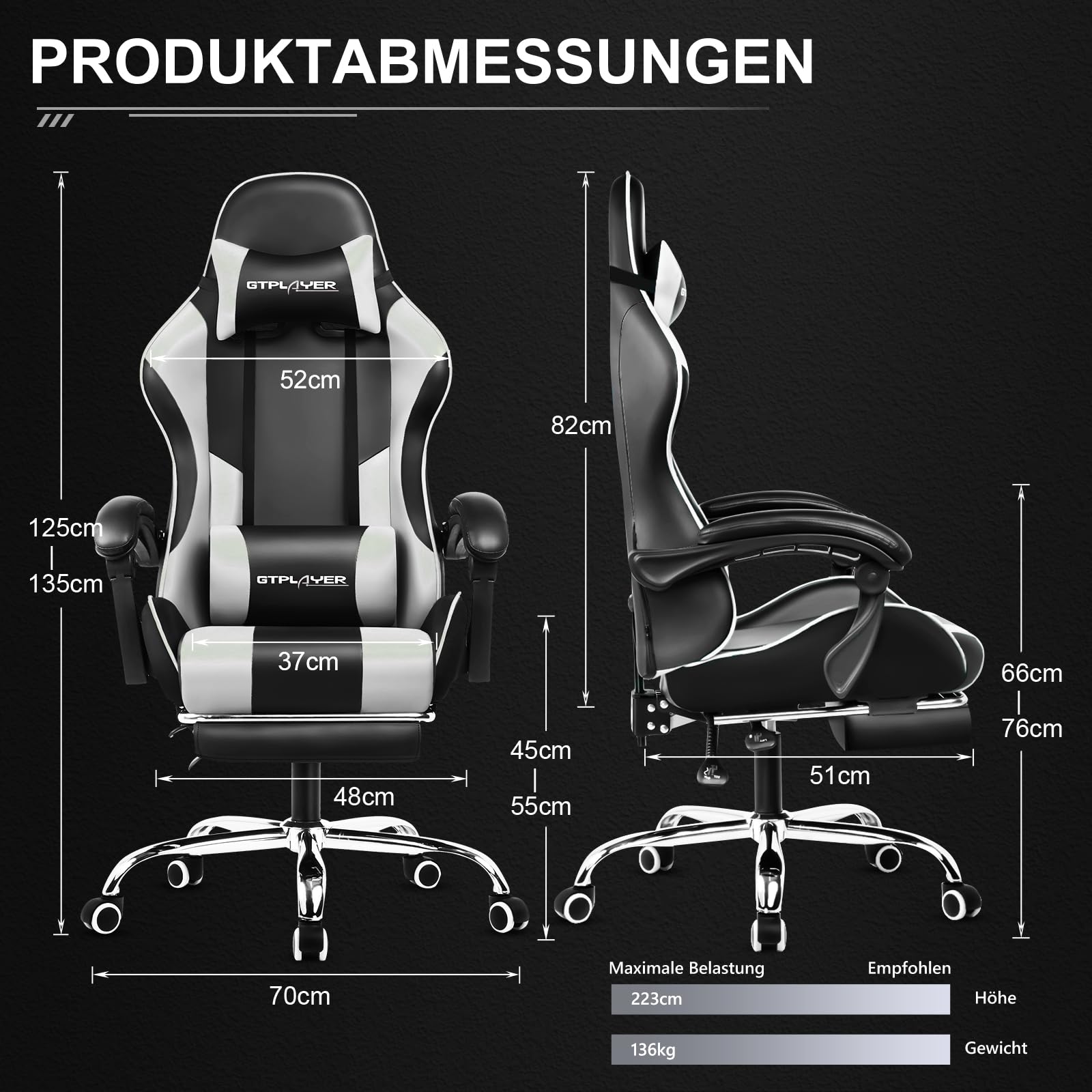 GTPLAYER Gaming Stuhl Bürostuhl Massage Gaming Sessel Ergonomisch mit Fußstütze, Massage-Lendenkissen, 150KG, weiß