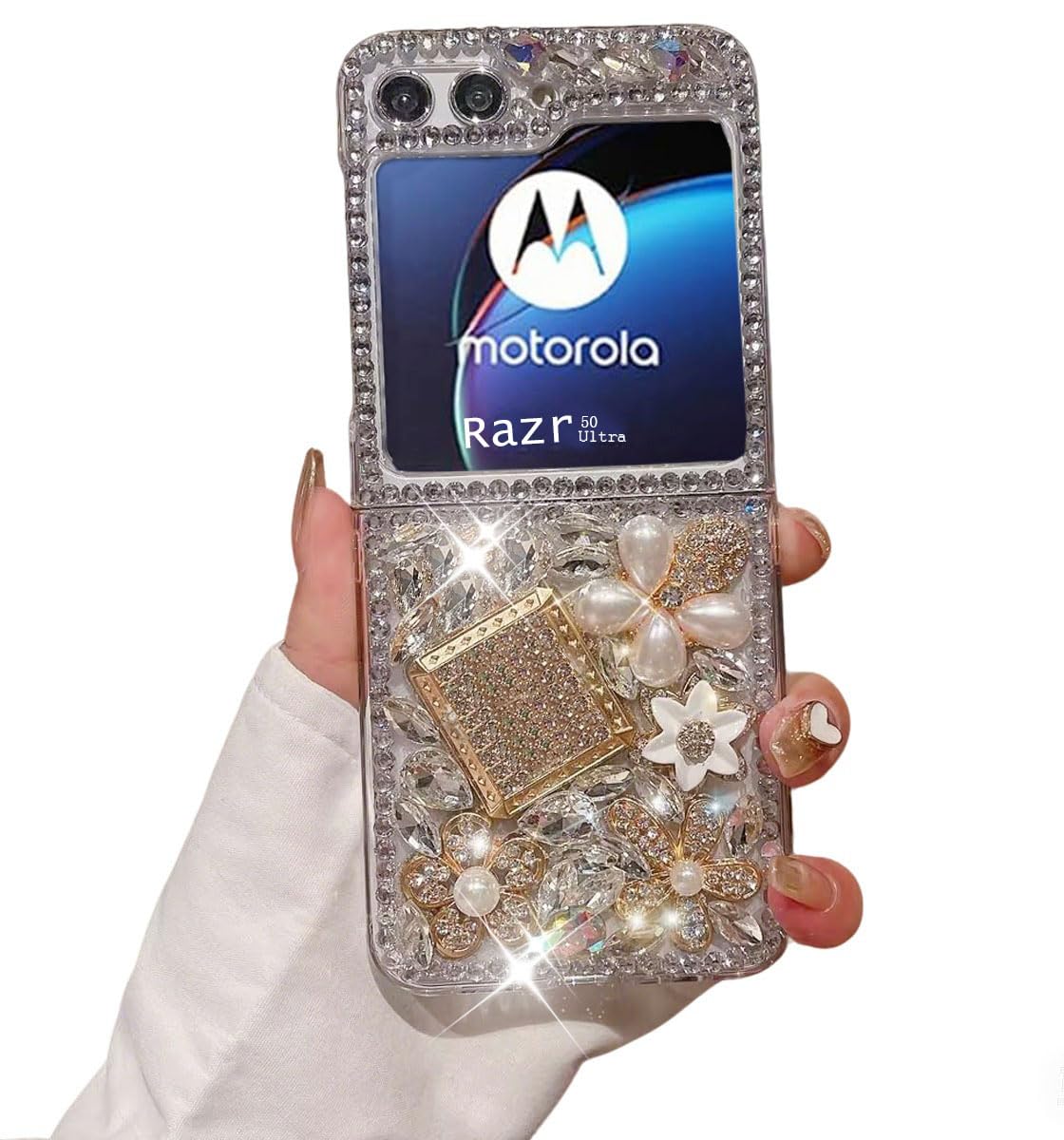 Compatible with Moto Razr 50 Ultra,Moto Razr Plus 2024 Case,3D Handmade Sparkle Stunning Stones Crystal Diamond Bling Glitter Flower Gem Fashion Phone