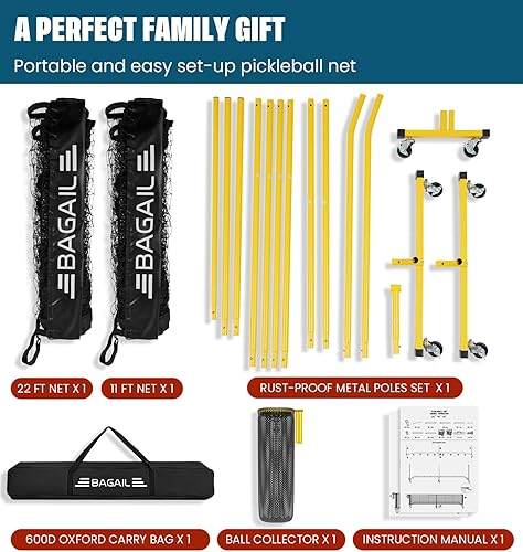 Miniatura 8 de BAGAIL Portable Pickleball Net Set with Wheels, 22 FT Regulation Size & 11 FT Half Court Size 2-in-1 Pickle Ball Net with Ball Collector, Carry Bag,