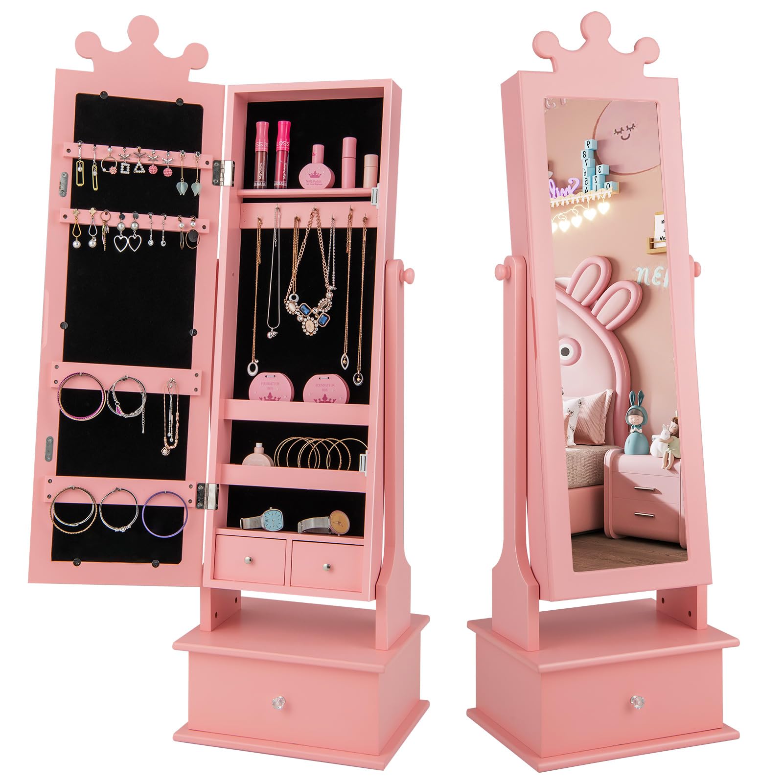 GOPLUS - Armario de joyería infantil con espejo de longitud completa, organizador de joyas con 3 cajones y 4 estantes de almacenamiento, 13 ganchos y 18 ranuras para pendientes, rosa (Pink)