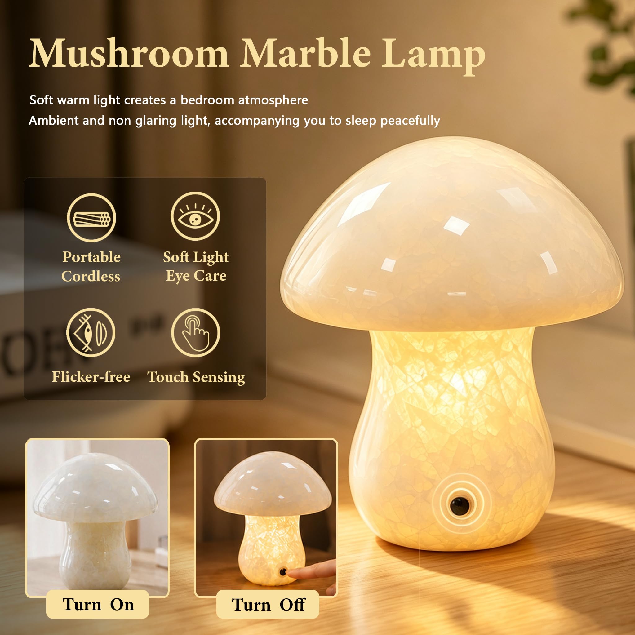Lampada a fungo in marmo touch, luce notturna wireless ricaricabile USB
