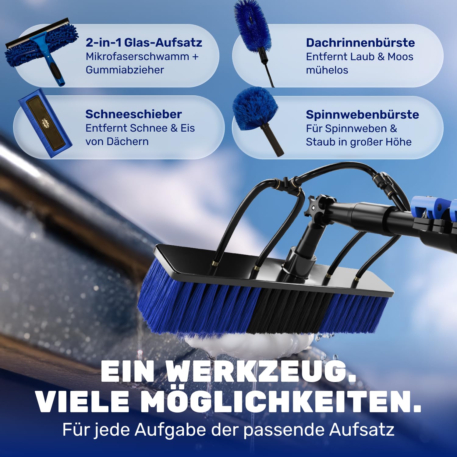BoomDing Teleskop Waschbürste mit Photovoltaik Schneeschieber – 5,8 m – All-in-One Reinigungsset mit 5 Aufsätzen für PV Anlage, Wintergarten, Dachrinne & Terrassendach – mit Seifenspender