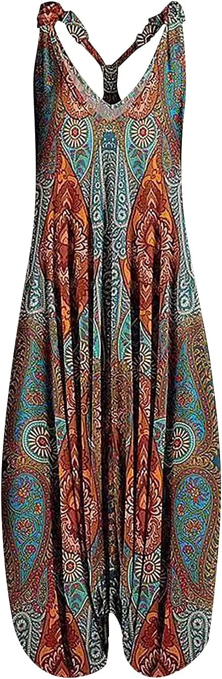 OIOLOYJM Summer Plus Size Boho Overalls for Women 2025 Fashion Jumpsuits Loose Fit Rompers Floral Printed Baggy Harem Pants