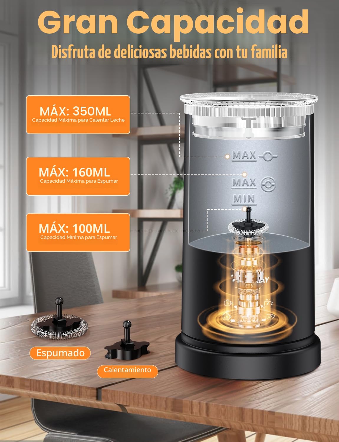 Espumador de Leche 5 en 1 Eléctrico 600W 350ML Espumador Automático con Revestimiento Antiadherente Espuma Caliente y Fría, Calienta Leche, Fácil de Usar y Limpiar, para Café, Latte y Capuchino