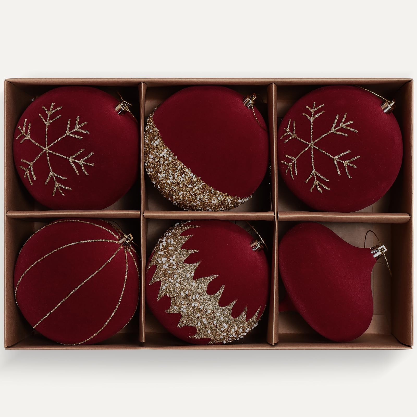 SHareconn 6ct Velvet Glitter Christmas Tree Balls Ornaments,4.72" Flocked Ornaments,Shatterproof Plastic Decorative Baubles Decorations for Xmas Tree Decor Holiday Party Decoration(Red & Gold,120mm)