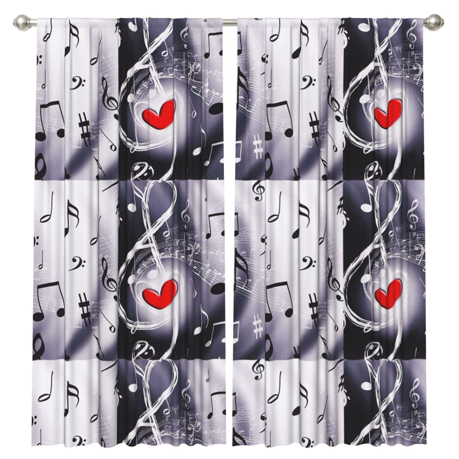 InOmak Music & Red Heart, 2 Panels Window Curtains 52 x 84 Inch Blackout Curtains for Living Room Bedroom