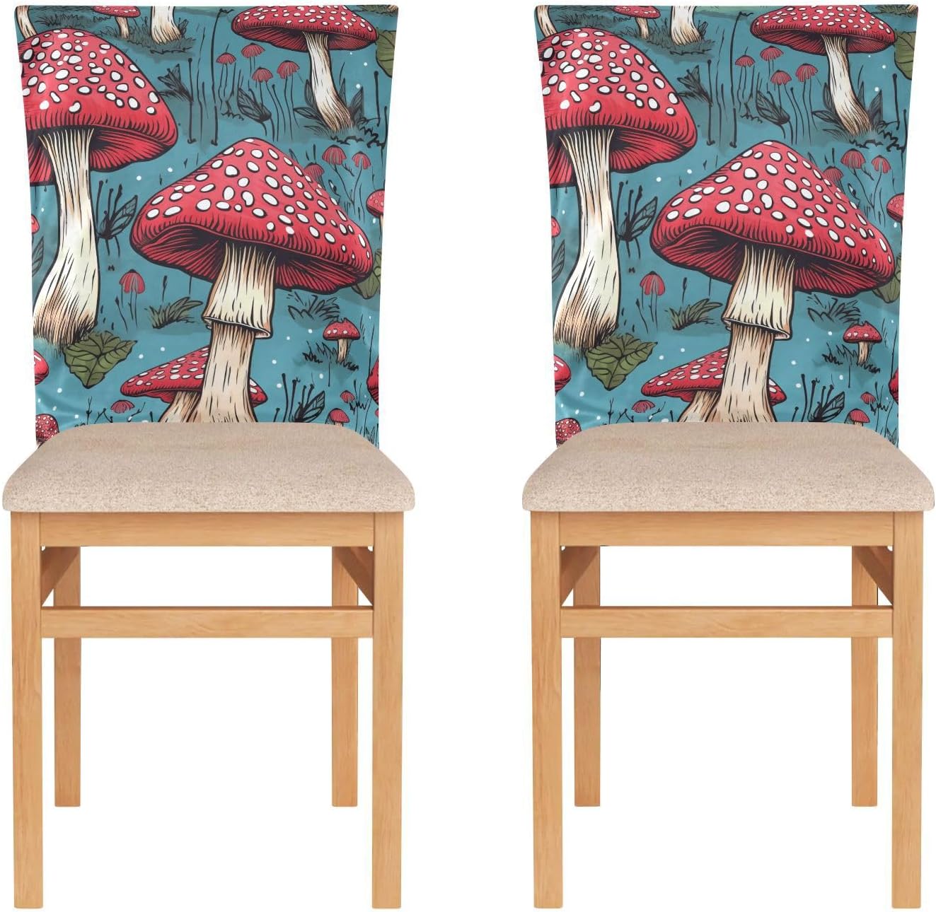 ALAZA Red Mushrooms on Blue Background Chair Back Cover Set of 6, Washable Reusable Removable Chair Slipcovers Decorative Chair Cover for Home Kitchen Wedding Party