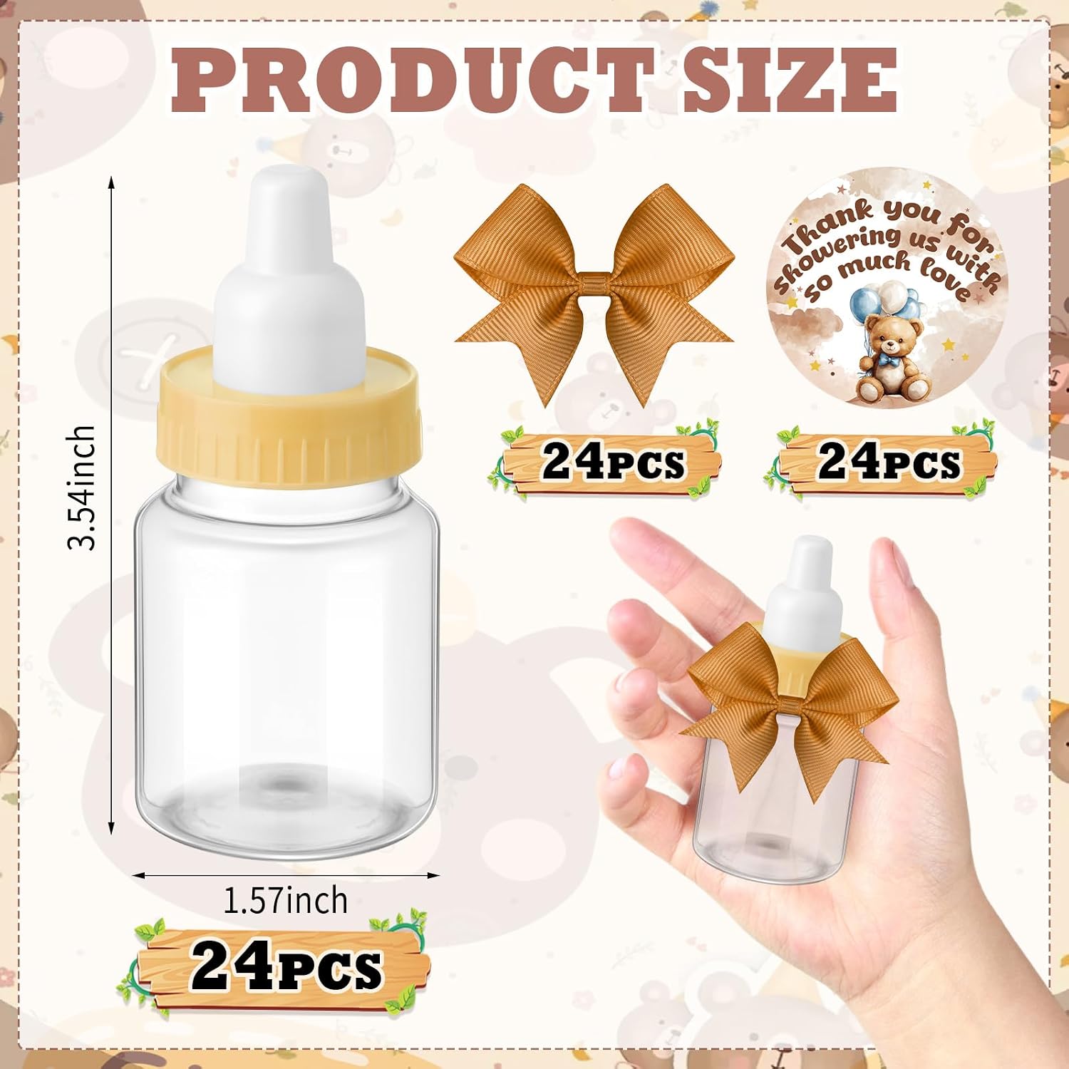 Beeveer 24 Sets 3.5 Inch Mini Baby Bottles for Baby Shower Party Favor Game Plastic Milk Bottles with Thank You Showering Stickers and Bows Thank You Gifts for Guests Candy Decor(Brown,Bear)