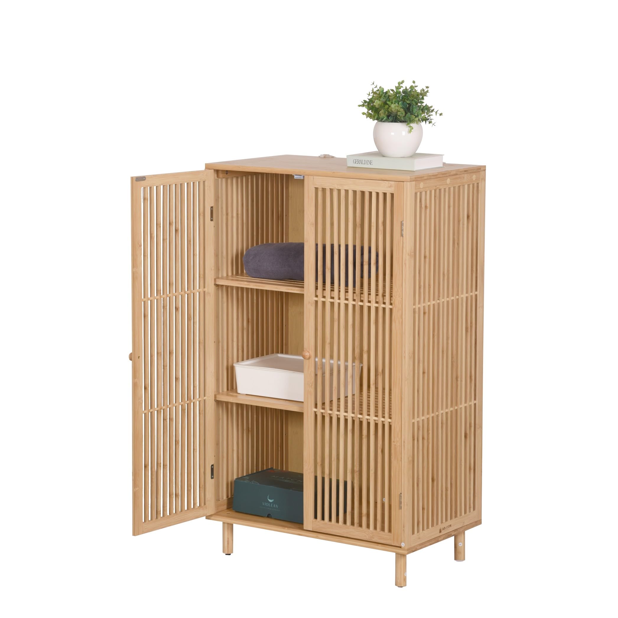 Beistellschrank mit 2 Türen Bambusschrank Kommode Schrank aus Bambus mit 3 Ablageflächen Aufbewahrungsschrank 110x66x40cm Natural