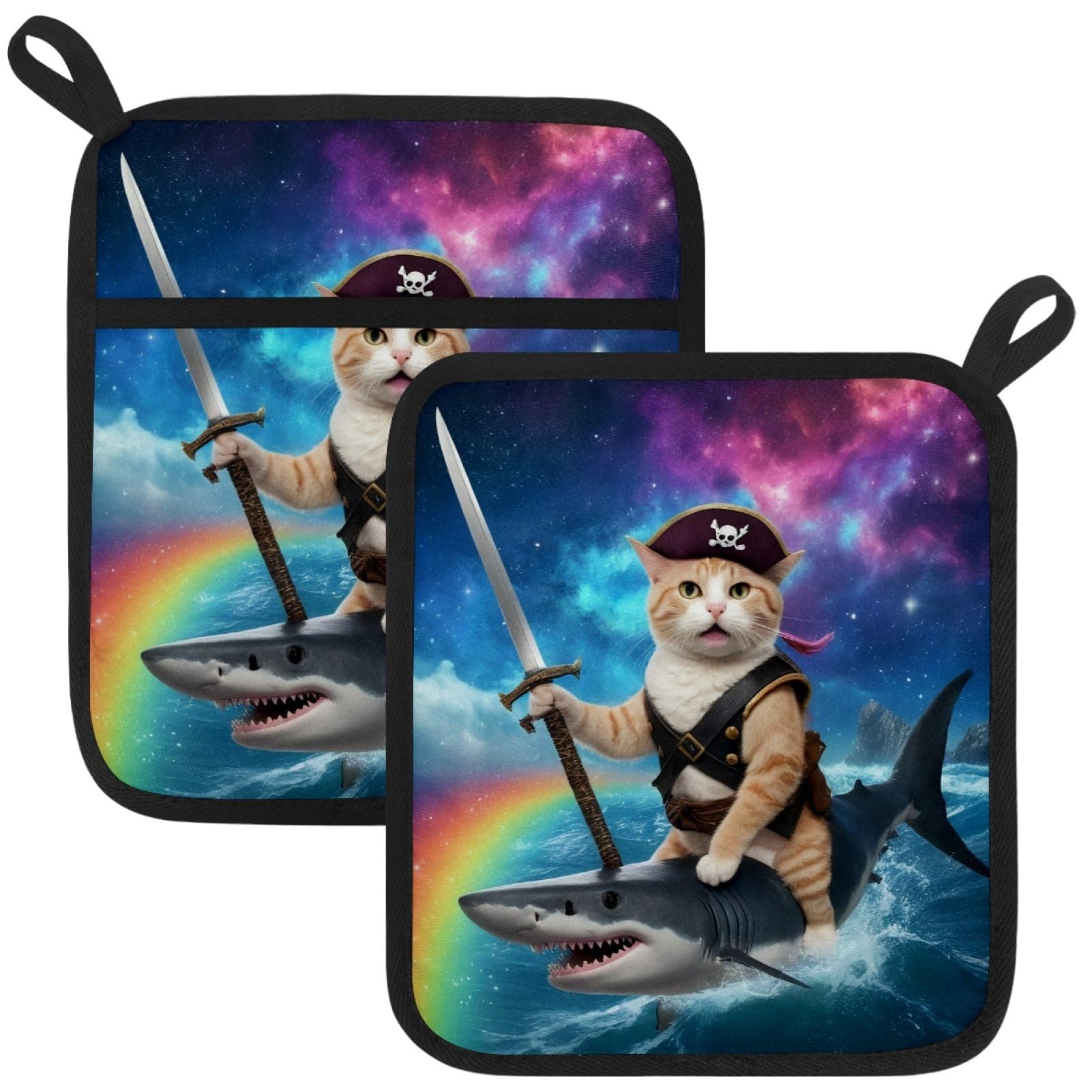 VAPOKF Pirate Cat Shark Pot Holders with Pocket for Kitchen Heat Resistant Potholders Large Polyester-Cotton Square Oven Mitts Set