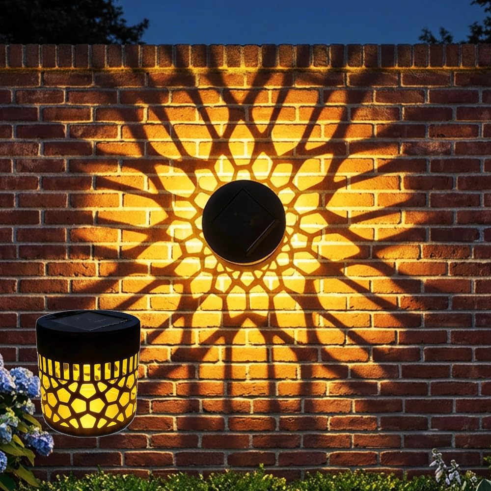 4 Pack Solar Mandala Wall Lights, Ip65 Waterproof Seven-Color Changing Decorative Solar Mandala Projection Lamp, Outdoor Waterproof Metal Fence Light for Yard Garden (1, Yellow – Circular)
