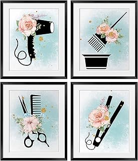 Hair Salon Posters Wall Art Print,Beauty Salon Wall Decor,Hairdressing Wall Art Decor,Fashion Canvas Wall Art Scissors Hair Dryer Curling Iron Canvas Posters Wall Decor,Salon Wall Art Decor,Girls Makeup Room and Bedroom and LivingRoom Wall Decor,Set of 4 (8"x10" Unframed).