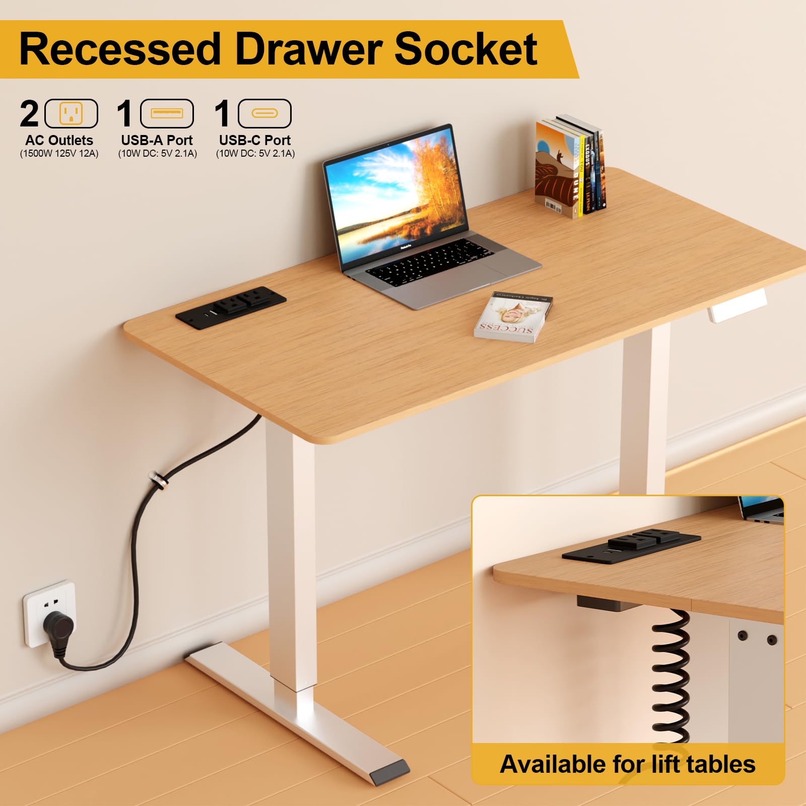 Zestaw gniazd do szuflad, gniazdo podtynkowe z 4 gniazdami, 2 porty AC 12 A, USB-A, USB-C, sprężynowy kabel zasilający 1,2 m, na liście