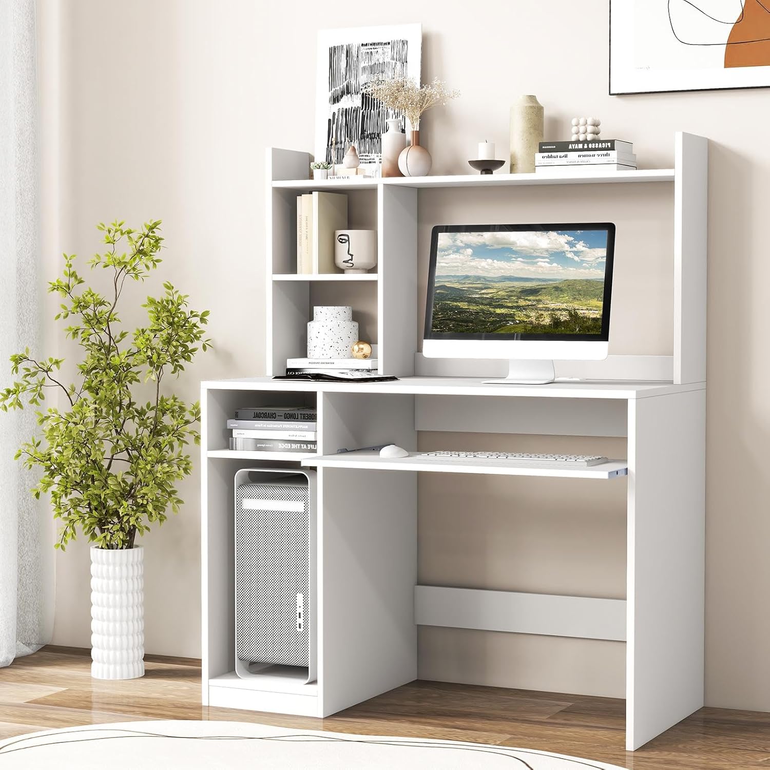 LDAILY Computer Desk with Hutch, Multifunctional PC Laptop Table with Keyboard Tray, CPU Stand, Power Outlet, Simple Work Desk Writing Desk for Bedroom, Home Office, Dorm (White)