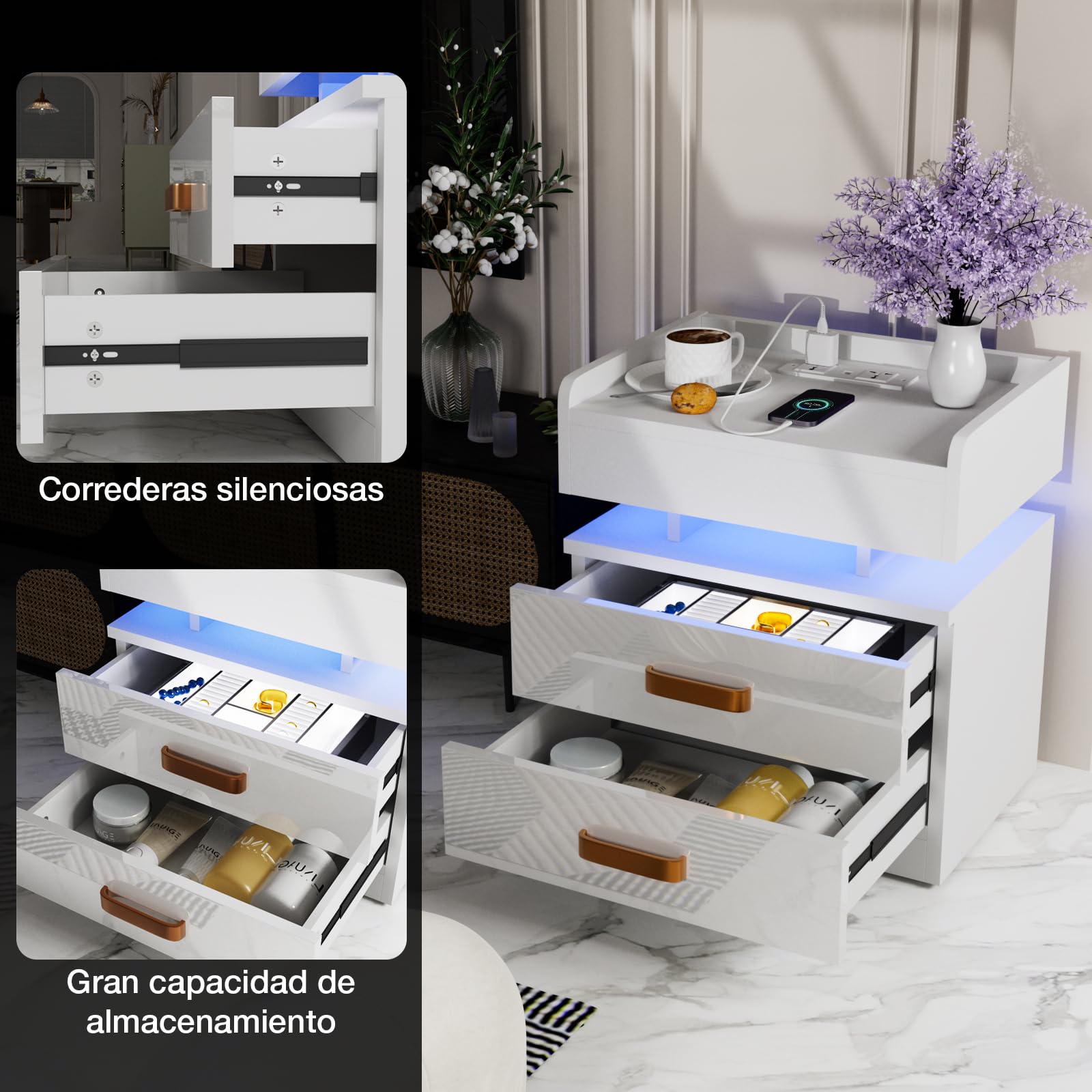 Lvhecforhm Comodino Con Stazione di Ricarica, Comodino con Presa e Porta USB, con illuminazione a LED, 16 Colori Regolabile, con 2 Cassetti, Camera da Letto Moderni Bianco