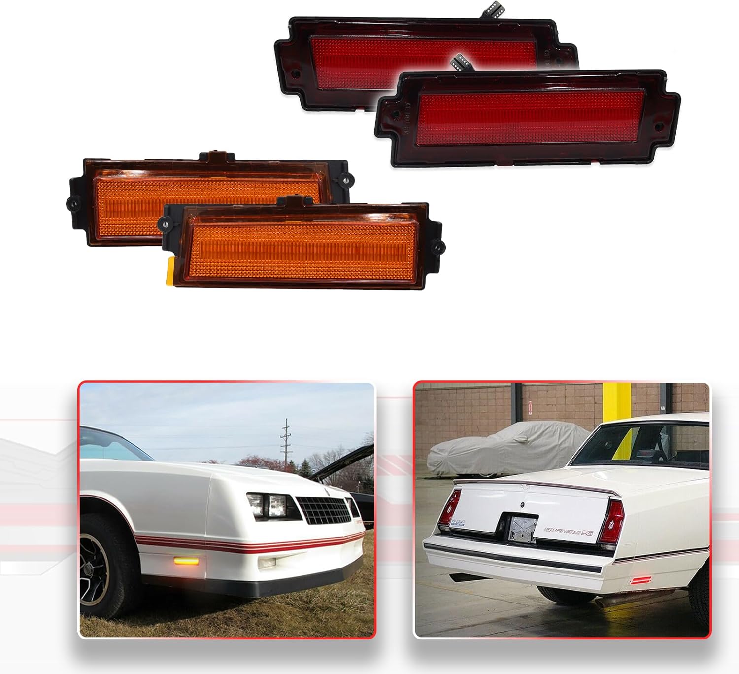 Amber Lens Amber LED + Red Lens LED Front & Red Rear Side Marker Lights For 1981-1988 Chevy Monte Carlo SS （ 2Pairs (4 Pieces) Bumper Side Marker Indicator Lights）