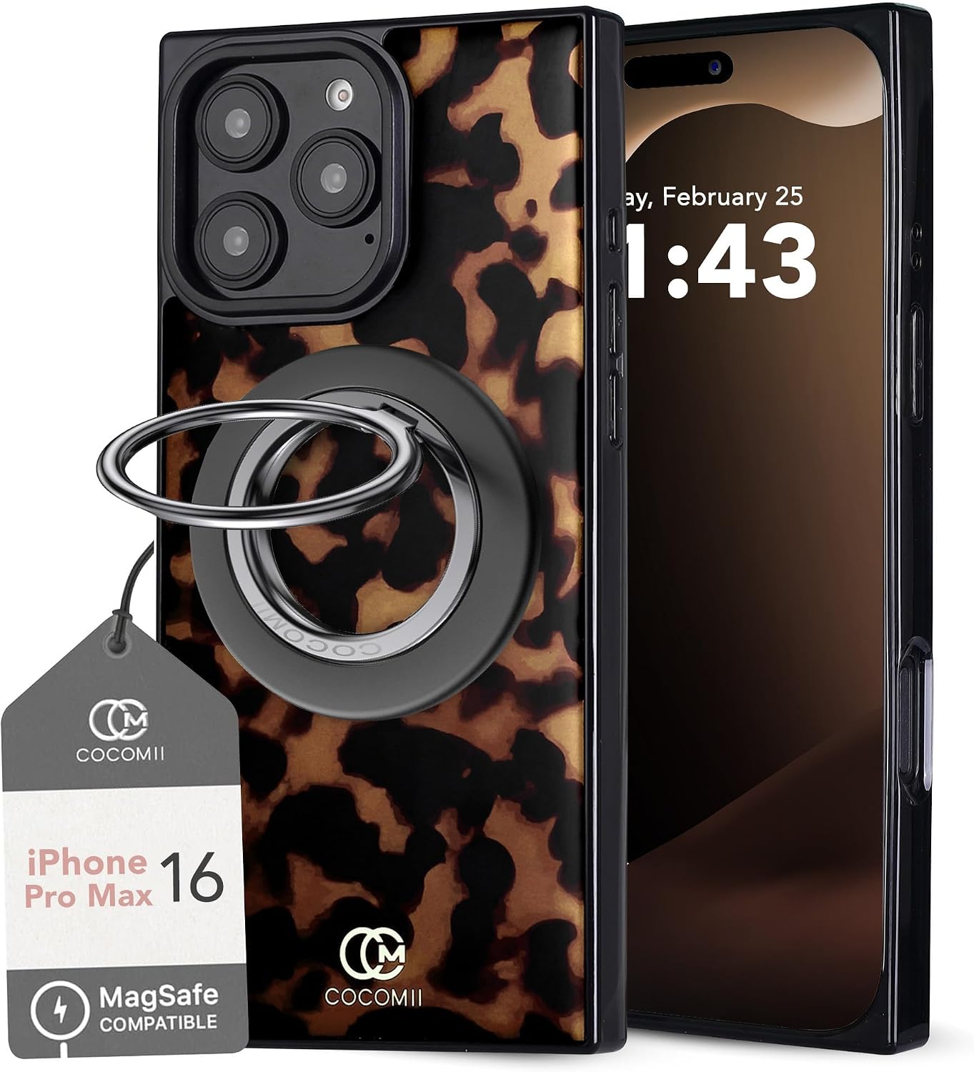 COCOMII iPhone 16 Pro Max Case + Ring Grip, Chestnut Tortoiseshell