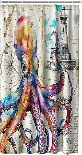 Vista 28 de Juego de cortinas de ducha náuticas de tela, diseño de pulpo, monstruo, velero, decoración de baño con ganchos, impermeable, lavable, 72 x 72