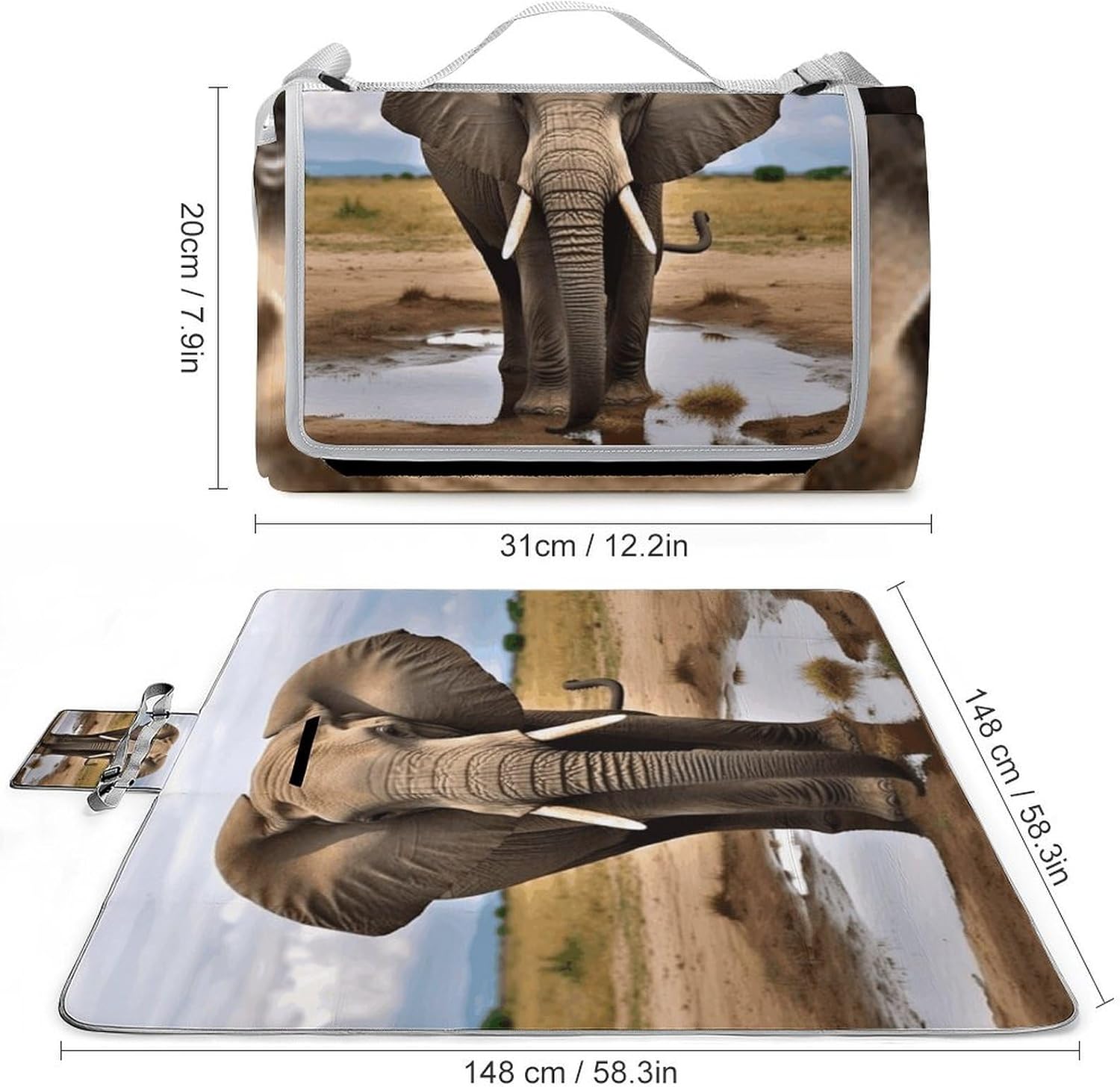 African Wild Animals Elephant Waterproof Picnic Blanket 58.3''x58.3'',Portable and Foldable Picnic Mat with Handle,Outdoor Blankets for Lawn Park Beach Travel