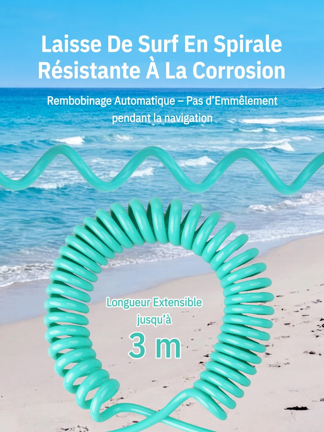 niphean Leash Paddle 1–3m, Leash Surf Élastique en Spirale 5mm, Leash Bodyboard Résistant avec Embout, Anti-Enchevêtrement, Confortable&Réglable pour Sup, Surf, Bodyboard, Boogie