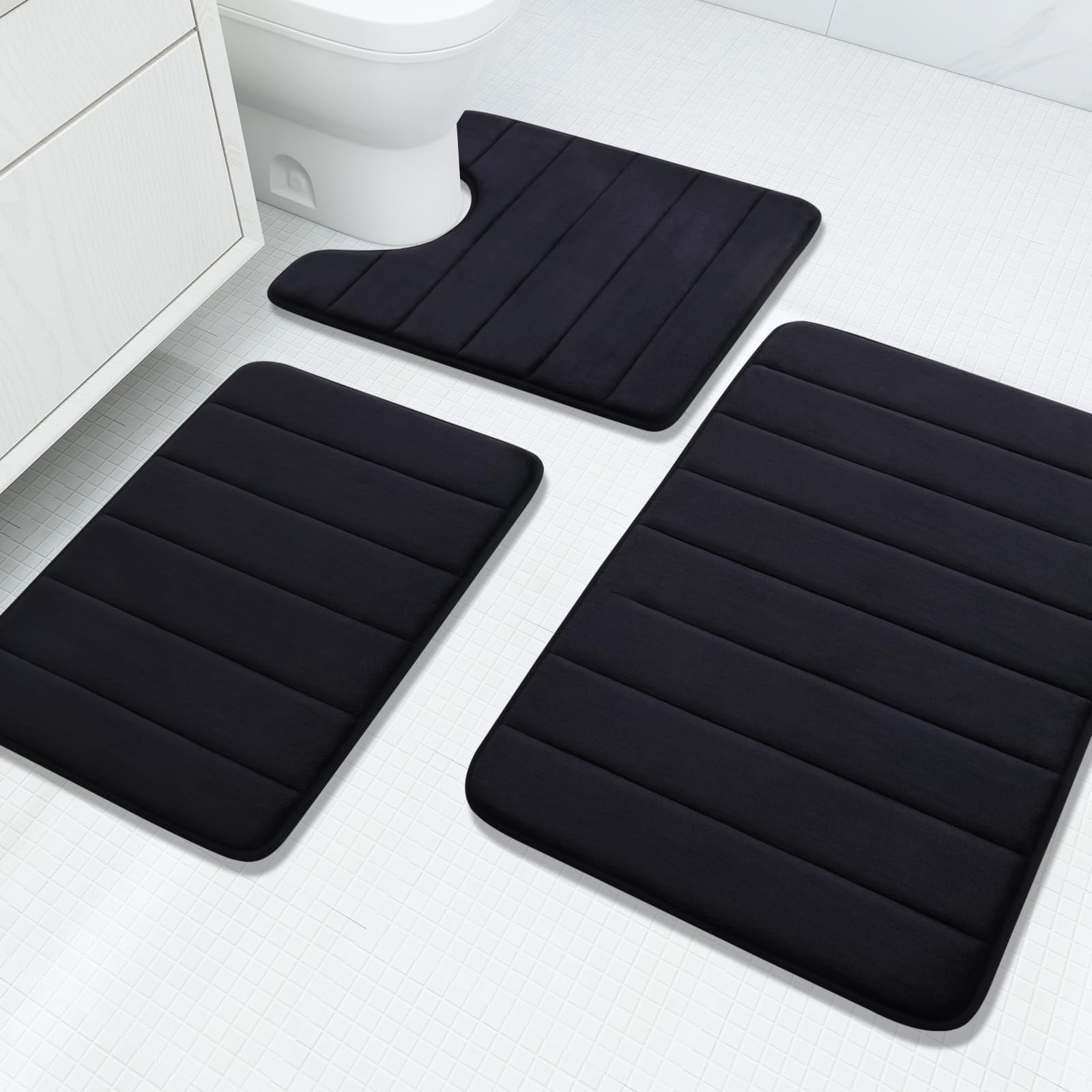 Buganda Memory Foam 3 Pieces Bathroom Rugs Set - Thick Soft Absorbent Non-Slip Bath Mats, Washable Small/Large/Contour Bath Rugs (24" x 16" + 30" x 20" + 24" x 20", Black)