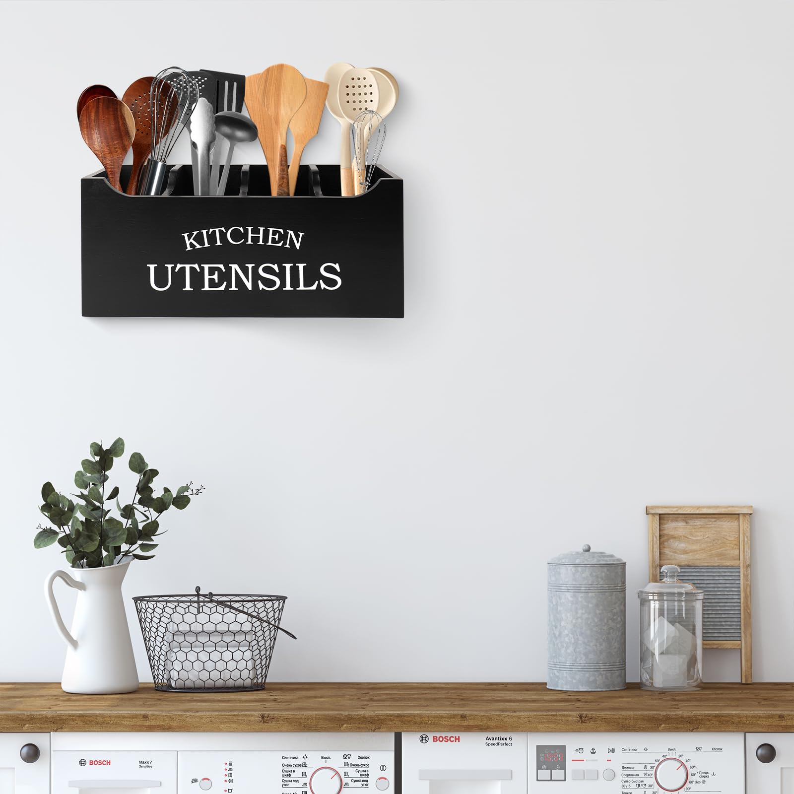 Utensil Holder for Kitchen Counter, Wood Extra Large 4 Compartments Kitchen Utensil Holder with Drainage Bottom for Countertop, Farmhouse Cooking Tools Organizer for Spatula, Black