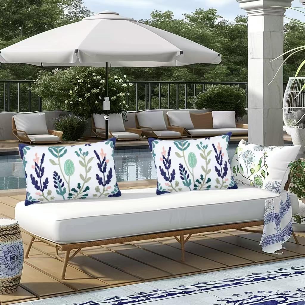 Green and Blue Throw Pillow Covers,12x20 Floral Embroidered Farmhouse Decor Lumbar Pillows, Set of 2 Cozy Boho Accent Cushion Case for Couch & Sofa, Home Decorative Pillow Cases for Bed Room