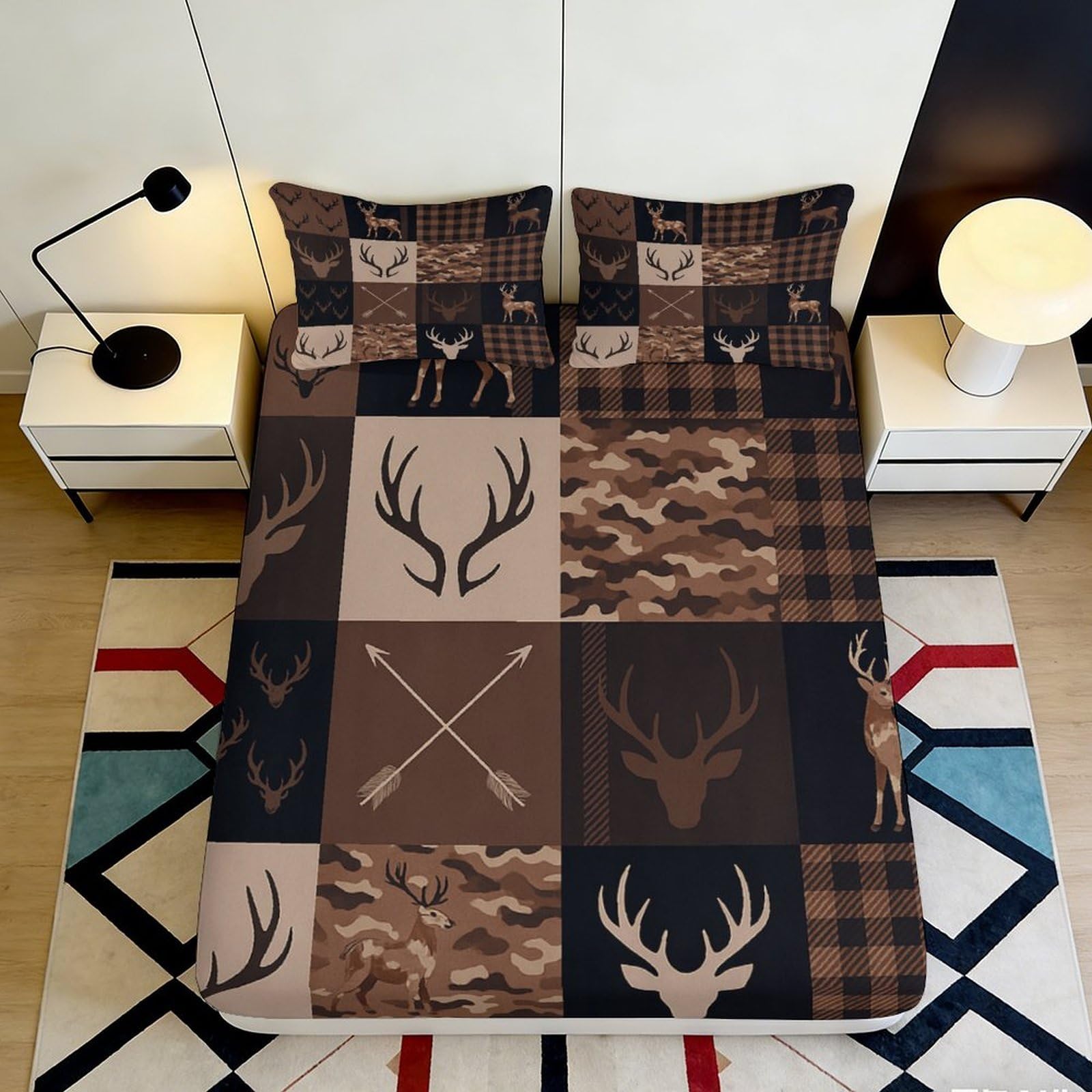 Zfldkwgb Style-7 3D Printed Deer Antler Fitted Sheet Microfiber Soft Brown Plaid Forest Camouflage Bed Cover For Bedroom Guest Room 90X200x25cm