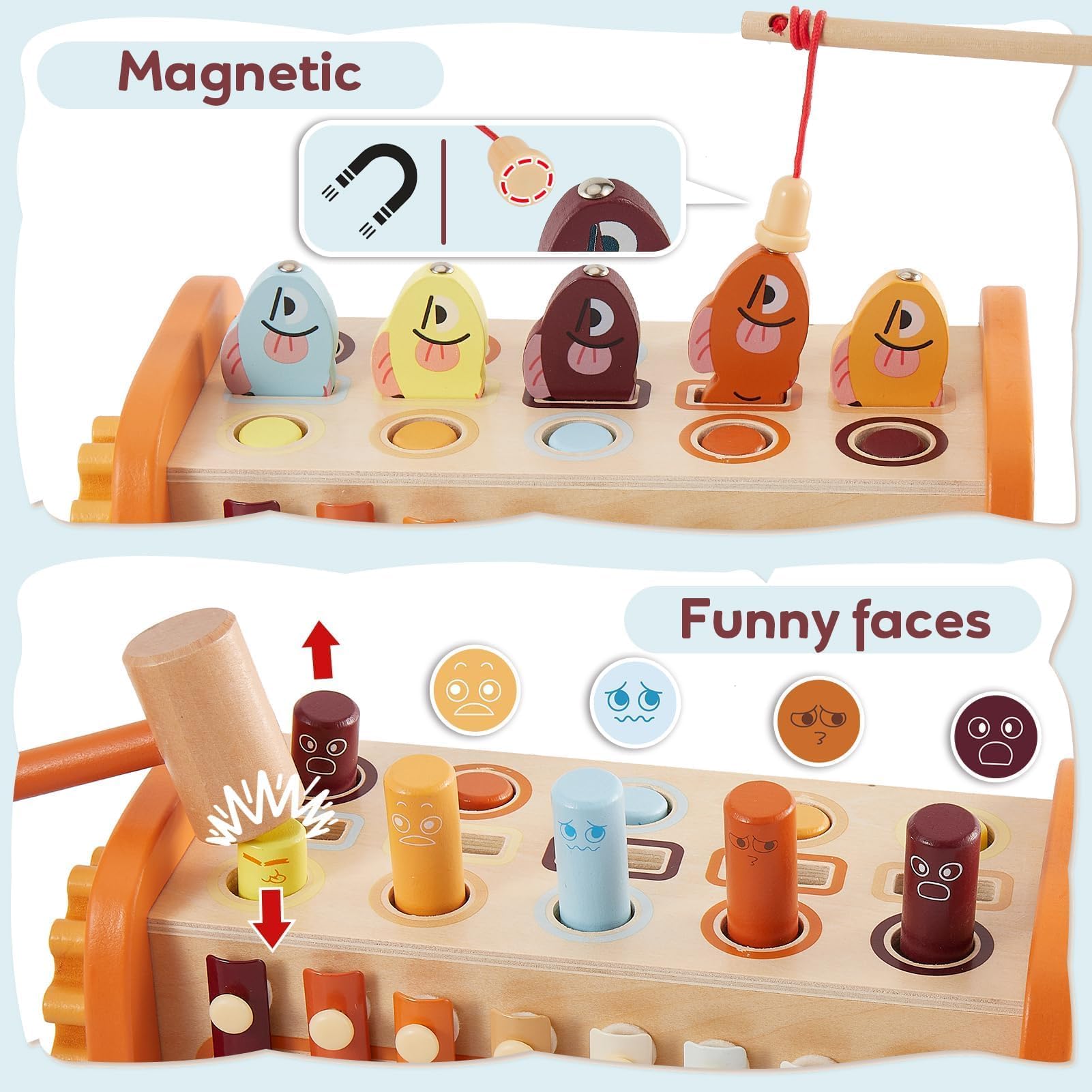 HYAKIDS Montessori Jouets en Bois, 6 en 1 Enfants Banc à Marteler, Jeu Marteau Pêche, Xylophone, Jouet Educatif Précoce pour 18+ Mois Garçons Filles