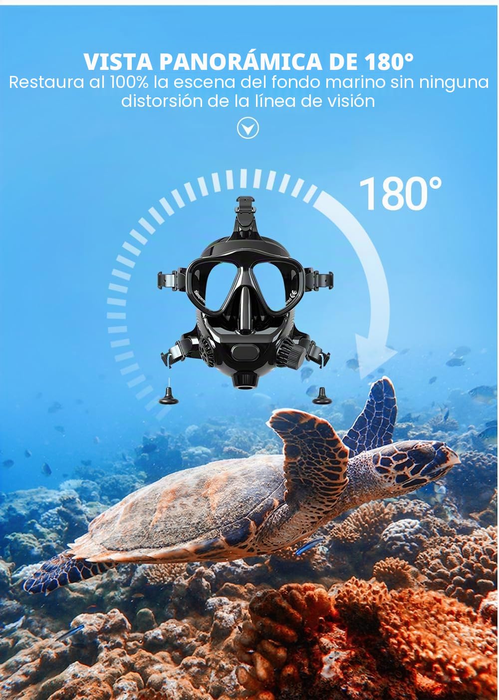 Máscara de buceo para adultos, cara completa con soporte para cámara, máscara de buceo ajustable MODJUEGO 180°, vista panorámica para adultos, antivaho, antifugas, juego superior seco