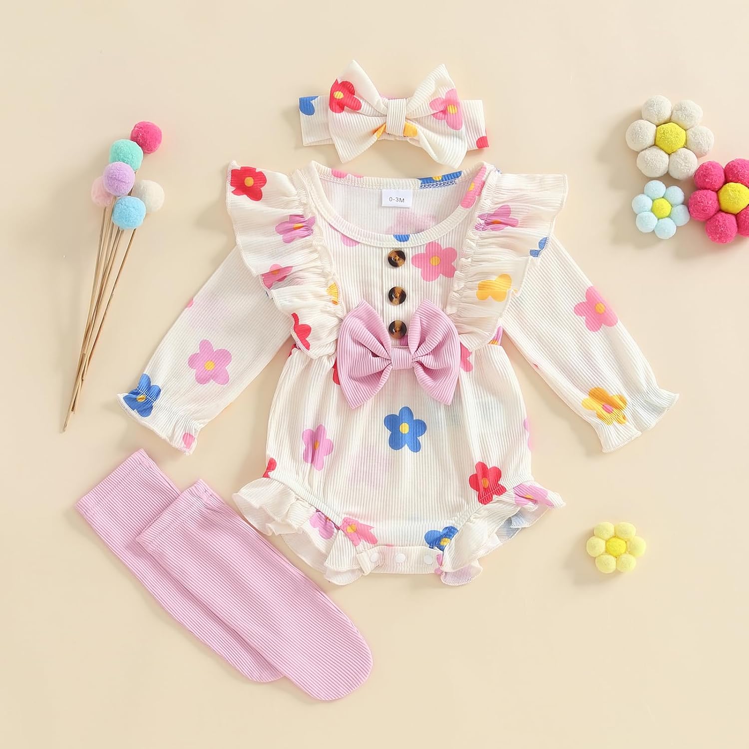 Baby Girl Fall Outfit Newborn Long Sleeve Romper Floral/Strawberry Ruffle Bodysuit+Hairband+Socks Cute Clothes - Image 3