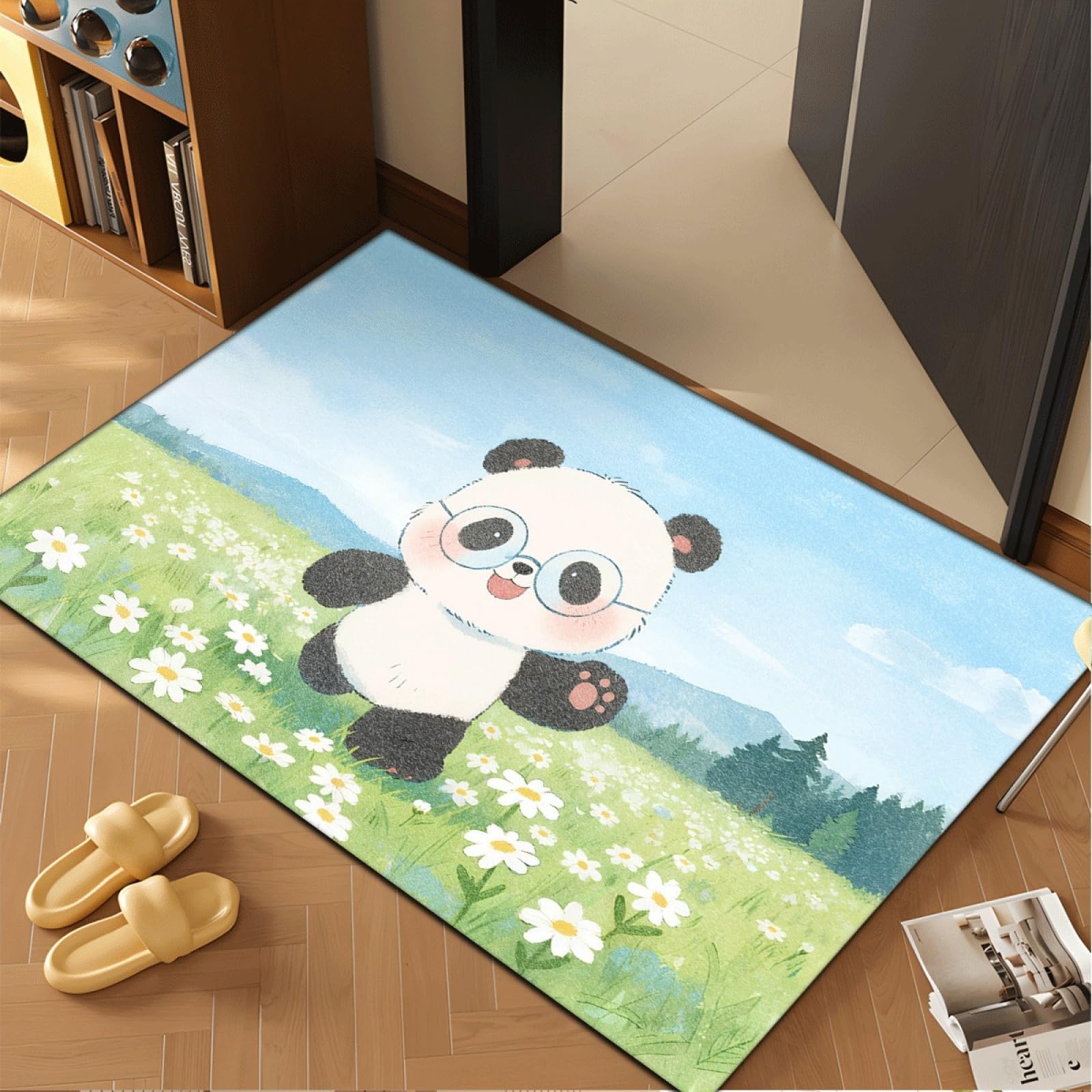 Tapis Entree Interieur Fleur De Panda Bleu Tapis D'entrée Facile à Nettoyer Antidérapant Lavable en Machine pour Chambre Cuisine Couloir Paillasson Interieur Exterieur 80x120 cm