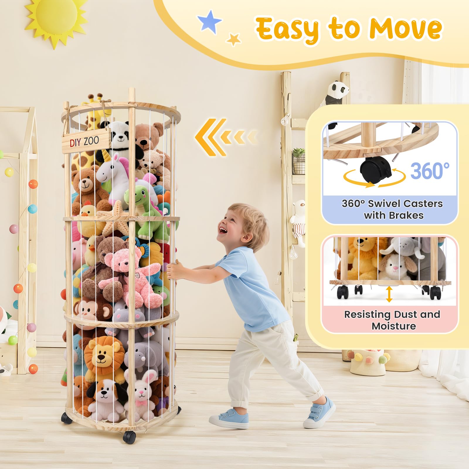 Rangement Peluche, 130x48x30cm Range Peluche avec Roulettes Pivotantes à 360° et Freins, Convient aux Chambres D'enfants aux Salons et aux Chambres à Coucher (Rond)