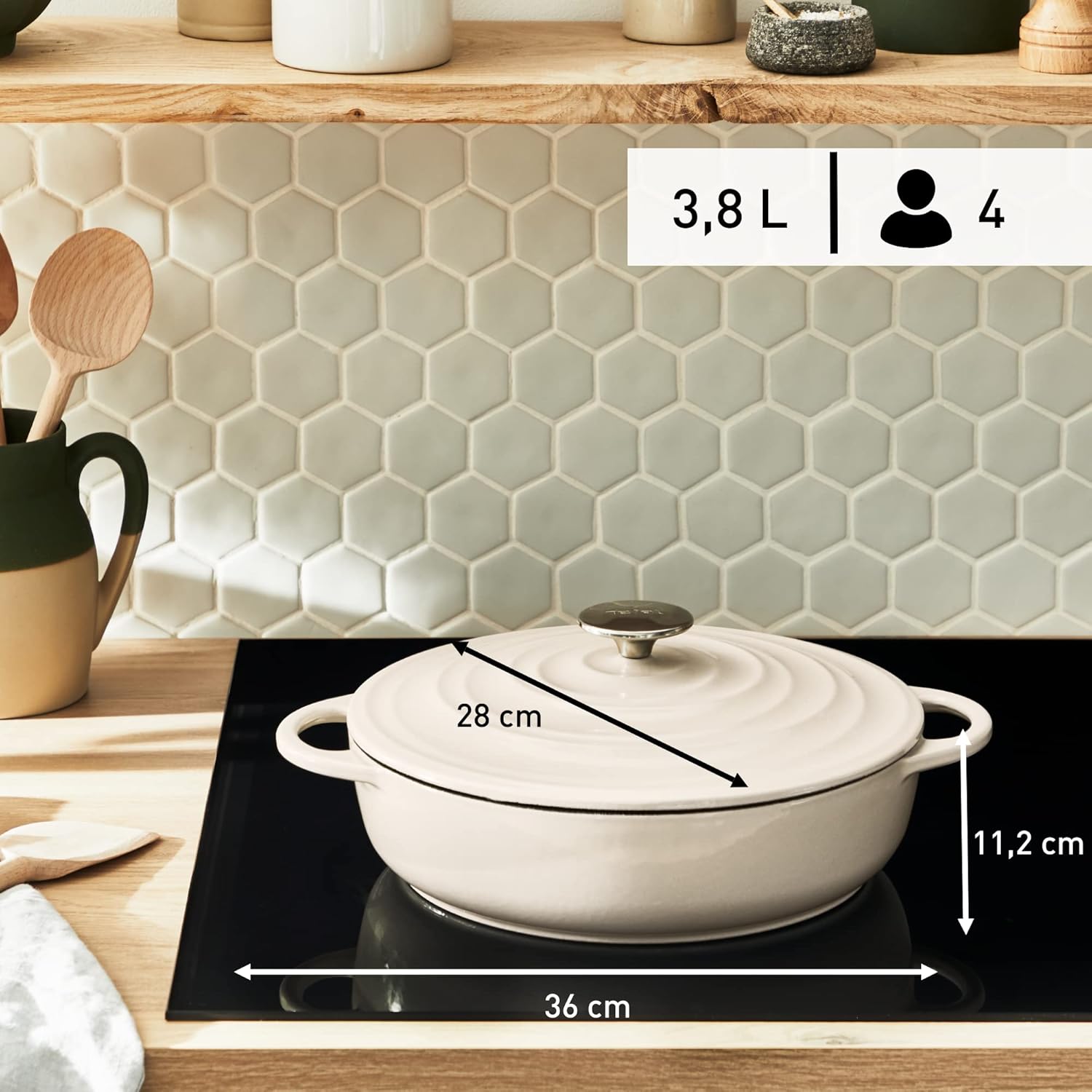 Tefal LOV Enamelled Cast Iron Shallow Casserole Dish with Lid, 28cm, 3.8L, Dutch Oven, All Hob Types, Cast Iron Pot, Cooking Pots, Dishwasher Safe, Cream, E2597204