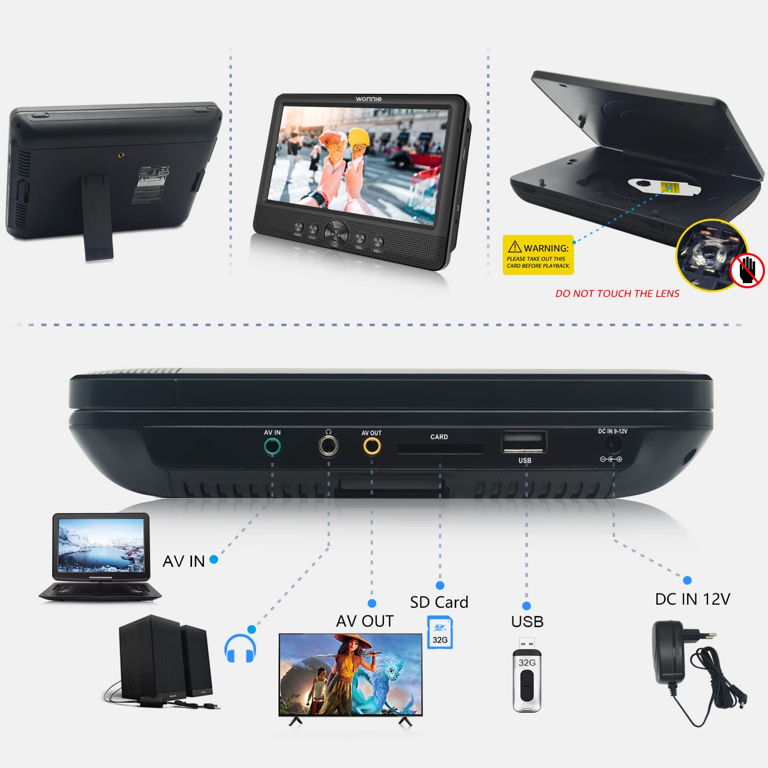 WONNIE Lecteur DVD Portable 10,5 Pouces 2 Écrans Appuie-tête Compatible USB SD MMC 5 Heures
