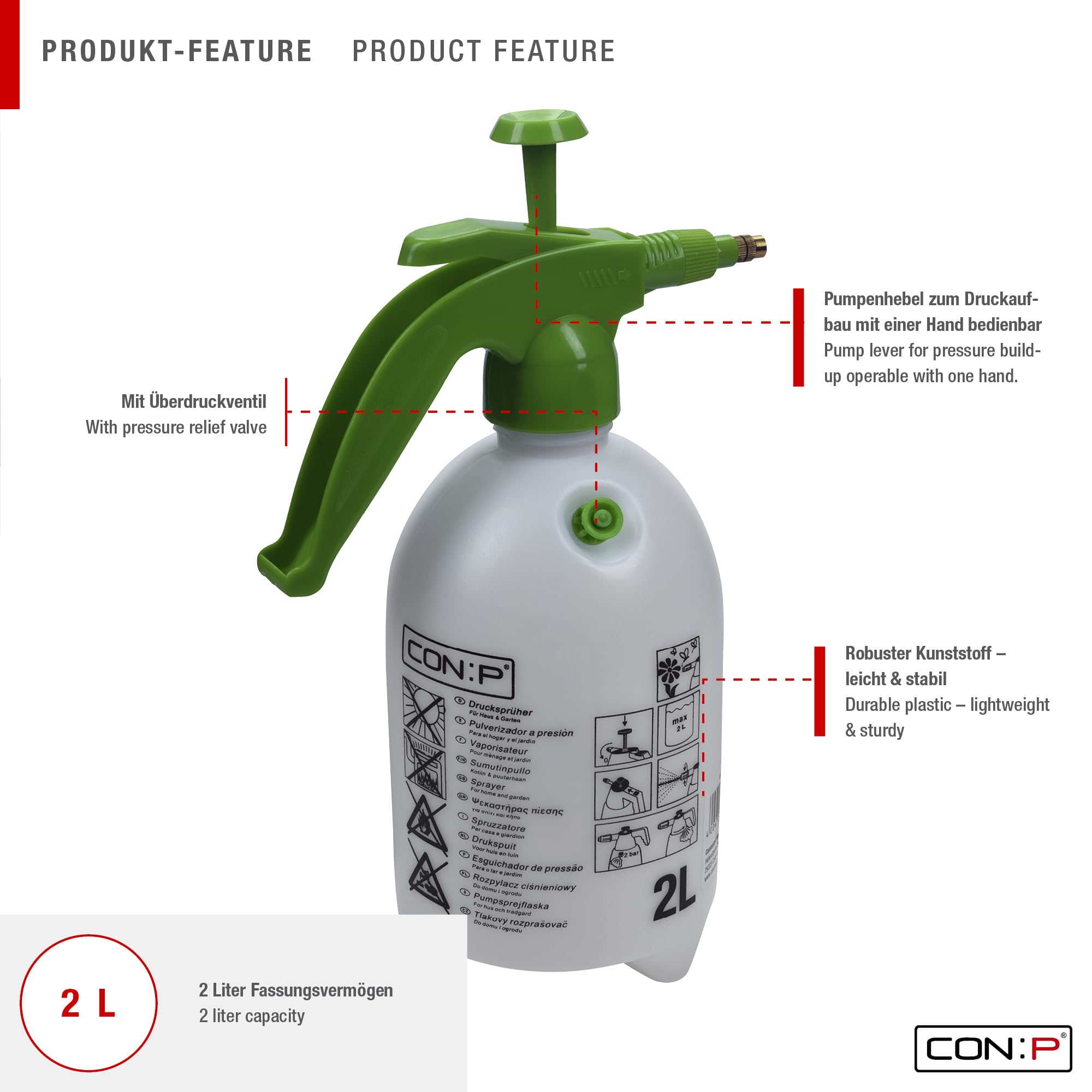 CON:P Gartensprüher 2 L mit Pumpe - grün - sehr leichtgängige & wirkungsvolle Pumpe - verstellbare Messingdüse