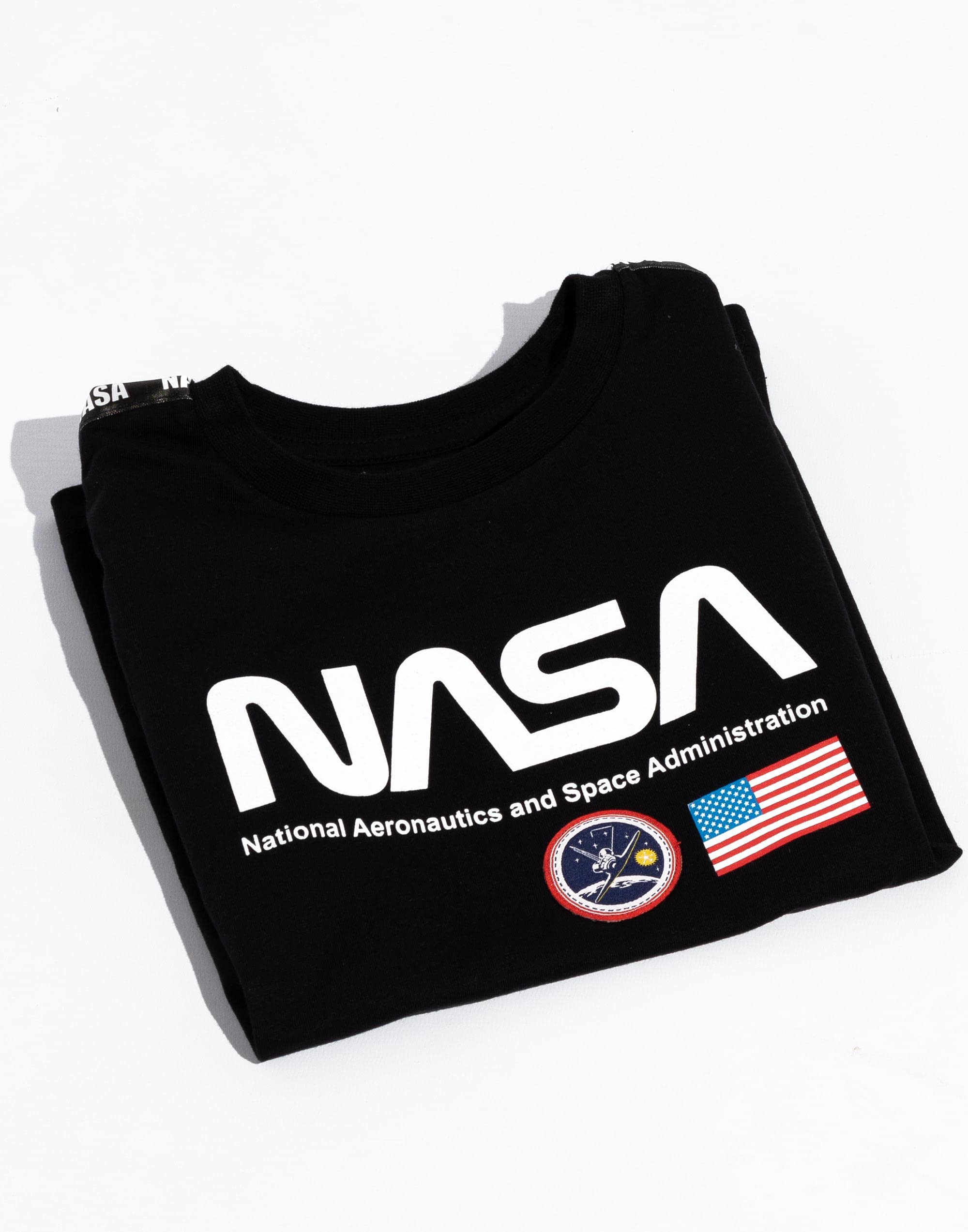 NASA Dziecięca Czarna Koszulka | Chłopięcy Astronauta Administracja Kosmiczna Logo Koszulka z Krótkim Rękawem | Towar Narodowy Aeronautics Clothing Outfit Merchandise