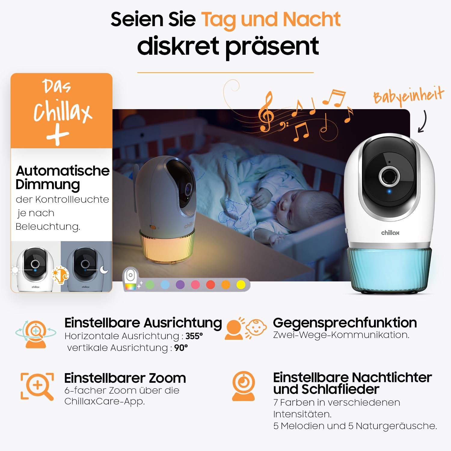 CHILLAX - Baby Kamera Candle - 2K QHD 360° Panorama, Fernbedienbar - Kompaktes Format - Nachtsichtfunktion - Temperatursensor mit Alarm - Gegensprechfunktion - Nachtlicht & Wiegenlieder - App