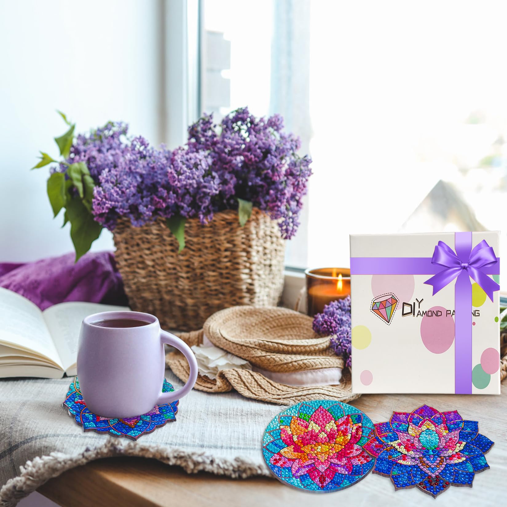 8 Pcs Posavasos Diamond Painting de Flores, Posavasos con Pintura Diamantes con Soporte, Posavasos de Pintura de Diamantes 5D para Tazas, Copas Vino, Jarrones, Regalo del día de San Valentín